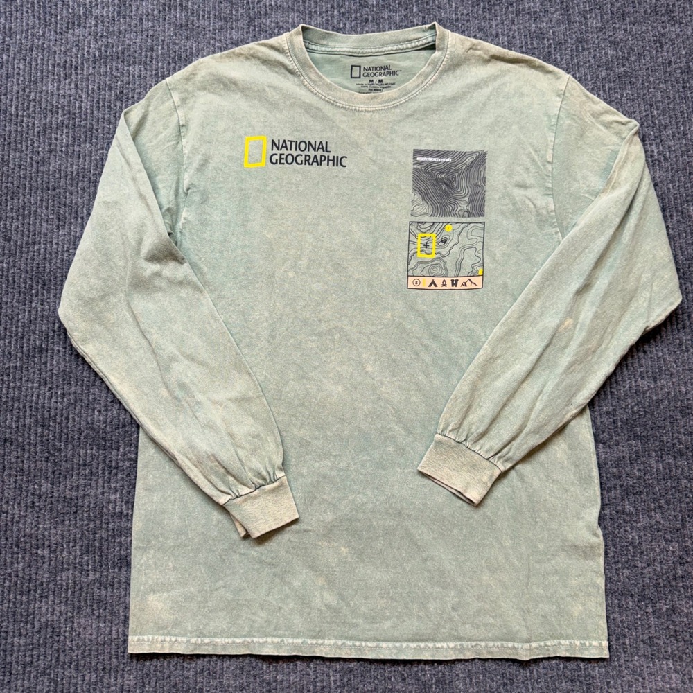 National Geographic Mens Medium Green Acid Wash Long Sleeve Graphic T-Shirt Tee